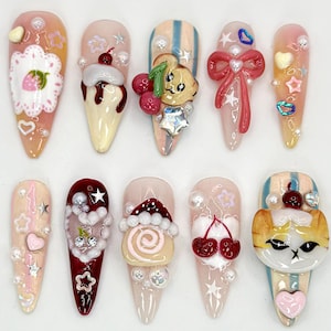 Kawaii Dessert Cat Press-On Nails | Handmade Cute Cat Nail Art | Cute 3D Kawaii Dessert Nail | 3D Handmade Nail | Elegant Nail Art | JB593HC