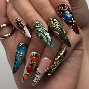 Bunte 3D-Textur Drücken Sie auf die Nägel | 3D Edelstein Royalty Nagel Kunst | Handgefertigte Luxus Statement Nägel | Elegantes Fantasy Nagel-Set | JB148HK