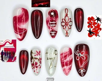 Kpop Concert Press On Nails, Concertcore Nails, Burgundy Chrome Nails, Idol Inspired Press On Nails, Stage Performance Nail Art, JC452UC