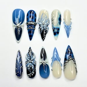 Ongles à coller Océan Bleu, Ongles Méduse, Ongles Florals 3D, Ongles Aura Bleu Marine, Ongles à coller Sirène, Nail Art Océan de Luxe, JC453UC