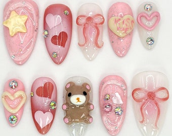 Ongles à presser sur le thème de l'amour Kawaii | Conception 3D rose ours en peluche et coeur baiser | Ensemble de nail art 3D fait main | Thème amour rose | JB577HC