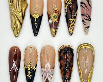 Glamorous Golden Press On Nails | Tortoise Shell And Gold Accents | Handcrafted Luxury Nails | Elegant Handmade Set | JB573HK
