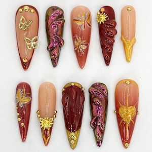 Glamorous Burgundy Press On Nails | Gothic Floral, Butterfly Design | Burgundy & Gold Accents | | Elegant Gold Design | Trendy Nail | JB679H
