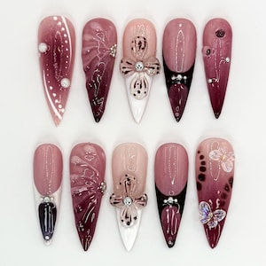 Burgundy Floral 3D Press On Nails | Floral Design with Rhinestones| Floral Accents And Pearl Details | Stylish & Trendy Nail Design |JB660HK