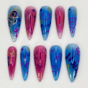 League of Legends Jinx Nail Art | Pink & Blue Graffiti Stiletto Nails | Custom Pop Art Ombre Nails | Jinx Graffiti Nail Art | JB595HC
