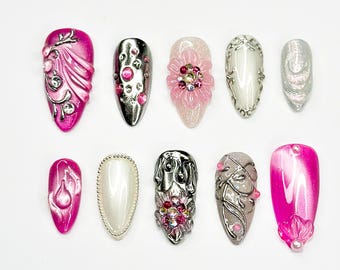 Uñas postizas Barbie Luxe / Uñas rosa cromado y plateadas / Uñas con diamantes de imitación en forma de flor 3D / Uñas almendradas elegantes / Set de uñas glamuroso / JC378NC
