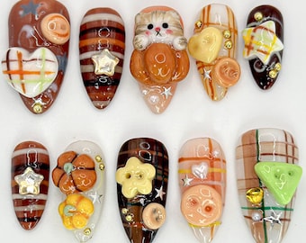 Kawaii 3D Cat Press On Nails | Cute Autumn Plaid Nails | Cat & Plaid 3D Nail Set | Handmade Kawaii Nail Set | Autumn Inspired | JB594HC