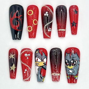 Custom Sonic Shadow Press-On Nails | Customizable Cartoon-Inspired Nails | Sonic Shadow-Themed Nail Art | Bold Star & Chain Accent | JB627HC