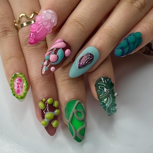 3D Abstrakte Presse auf den Nägeln | 3D Jelly Texture Nail Art | Buntes Nageldesign | Handgefertigte Nägel | Einzigartige künstlerische Press-Ons | JB152H