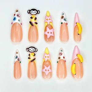 Fun Colorful Gem Press On Nails | Cartoon Style Nails Kawaii Handmade Nail Art | Playful Cute Nails | Cartoon Nails | JB114EC