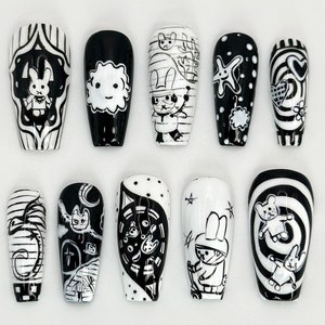 Uñas postizas con dibujos animados extravagantes / Uñas en blanco y negro / Diseño de uñas con conejito lindo / Uñas únicas hechas a mano / Juego de uñas monocromático / JA677HC