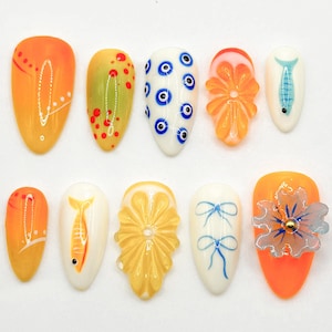Tropical Summer Press On Nails | Flowers, Fish, Nautical Accents | Bright Flower & Ocean-Themed Nail Art | Handcrafted Nail Art Set |JC539HC