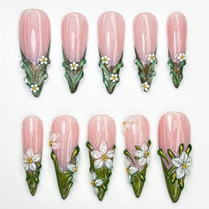 Enchanted Forest Press On Nails | 3D Floral Elfcore Nail Art | Moss Green Fairycore Nails | Handmade Nature-Inspired Nail Set | JC874HK