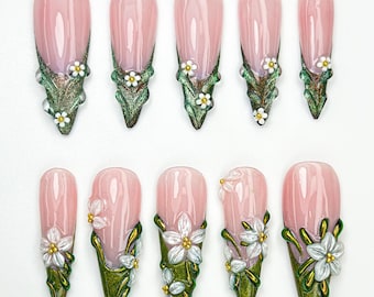 Enchanted Forest Press On Nails | 3D Floral Elfcore Nail Art | Moss Green Fairycore Nails | Handmade Nature-Inspired Nail Set | JC874HK