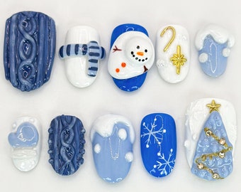 Uñas postizas navideñas / Diseños coloridos de dulces y árboles navideños / Uñas navideñas personalizadas / Set de uñas artesanales de alta calidad / JC524HK