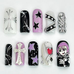 Soul Eater Crona Nail Art | Anime Art, Cross, and Heart Accent | Soul Eater-Themed Nails for Anime Fan | Gothic Design | JB613HC