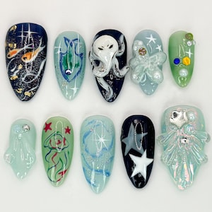 Ocean Wonders Press On Nails | Jellyfish, Starfish & Seaweed Designs | Unique 3D Sea Creature Nail Art | Aquarium Style | JB555HC