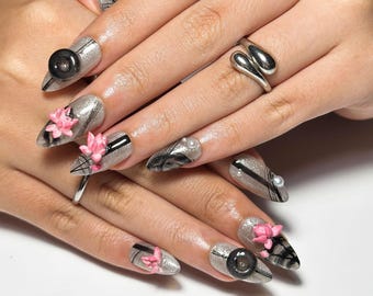 Paznokcie prasowane Zen Ink Lotus | 3D różowe kwiaty, połyskujący marmurkowy szary, czarny dym | JB367IC