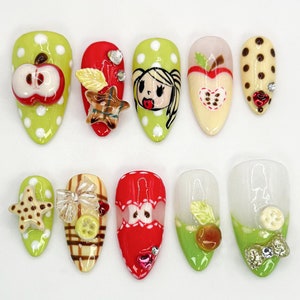 Cute Apple-Themed Press On Nails | Fun Cartoon Apple Designs | 3D Handcrafted Nail for Fun Looks | Fruity Designs for Unique Style | JB567HC