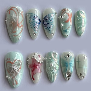 Animation Butterfly Press On Nails | Secret Garden with Flower, Butterfly Nail Art | 3D Handpainted Fairycore, Fairy Tale Nail Set | JC151A