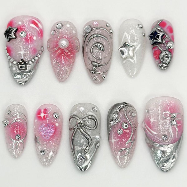 Superbes ongles à presser scintillants roses | Ongles luxueux roses et argentés scintillants avec accents d&#39;étoiles | Ongles Glam Faits Main | JB574HC
