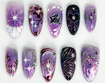 Ongles à presser Galaxy Glitter violet | Nail Art étoiles galaxie | Ongles violets métalliques | Ensemble d'ongles élégant | Ongles étoiles holographiques | JB671HC