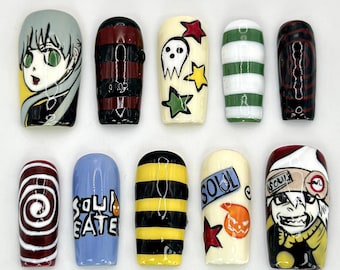 Soul Eater Anime Press-On Nails | Artistic Anime Nails with Iconic Characters | Anime-Inspired Soul Eater Design | For Anime Fans | JB601HC