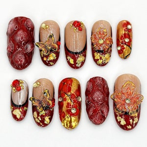 Spring Red Floral Press On Nails | Luxurious Red and Gold Nails with 3D Flowers | Gold Foil Accents |  3D Butterfly Design | JB598H