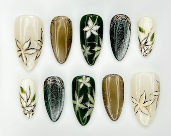 Paznokcie prasowane Jade Garden Serenity | Chiński styl malowania tuszem | Paznokcie Lotus Bloom i Jade Charm | Elegancki kwiatowy wzór na paznokciach | JC105EK
