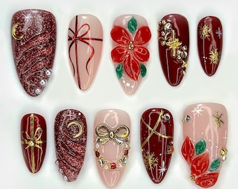 Floral Christmas Press On Nails | Red Gift Bow Nails | Luxury Winter Nail Art | Red Gold Holiday Nail Set | JB213EK