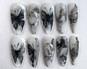 Butterfly Rough Press On Nails | 3D Custom Handpainted Black Designs in Fake Nails | Antique China Painting Book Vibe | Absract Nails|JC109A