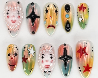 Artistic Clown-Themed Press On Nails |  Bold and Vibrant Carnival-Inspired Design | Unique and Artistic Nail Design| Limited Edition|JB578HK