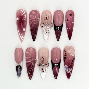 Burgundy Floral 3D Press On Nails | Floral Design with Rhinestones| Floral Accents And Pearl Details | Stylish & Trendy Nail Design |JB660HK