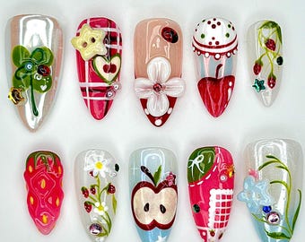Handcrafted Apple Strawberry Press On Nails | Cute Picnic Press Ons | Red Gingham Cottagecore Nails | Kawaii Nature Press Ons | JB969EC