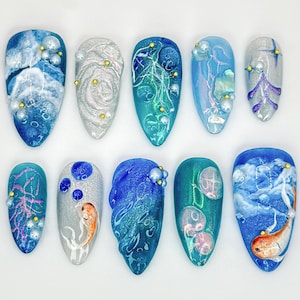 Blue Ocean Press On Nails | Stunning Blue Koi Fish Nails | Jellyfish Nails Art | Ocean Waves, Gold Accents | Luxury Nail Design | JB580HC