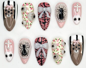Cute Teddy Halloween Press On Nails | 3D Bear & Bow Nails | Gothic Pastel Floral Nail Art | Soft Horror Pink Press Ons | JB807HC