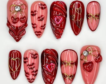 Ruby Kiss Valentine Press On Nails | 3D Heart Valentine Long Nails | Red Pink Ribbon Nail Art | Luxury Love Statement Set | JB273EC