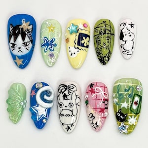 Uñas postizas con dibujos animados / Diseños únicos de dibujos animados / Decoradas a mano con adorables personajes / Diseños modernos de dibujos animados y anime / JB514HC