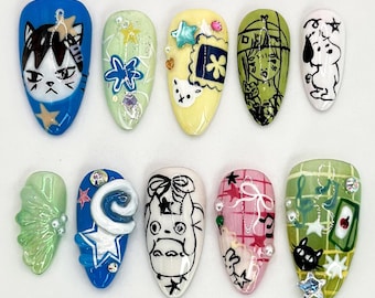 Whimsical Cartoon Press On Nails | Unique Cartoon Nail Art | Hand-Decorated with Cute Characters | Trendy Cartoon and Anime Designs |JB514HC