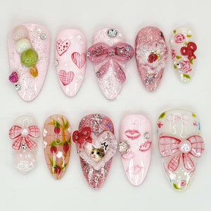 Pink Bow Romance Press On Nails | Cat, Heart & Ribbon Themed Nail Art | Custom Cat Nail Designs | Cute and Sparkly Pet Nail Art | JC556HC
