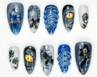 KPop Demon Hunters Press On Nails | Moonlit Demon Forest Nail Art | Handmade Fantasy KPop Nail | Long Stiletto Demon Hunter Nails | JB108HC