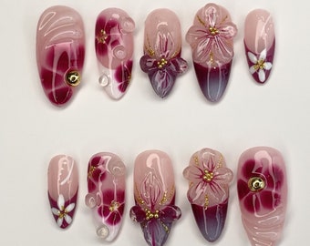 Elegant Floral Press-On Nails | Handcrafted Pink - Burgundy Gradient |3D Flowers - Rhinestone Accents| Perfect for Special Occasions|JC349SL