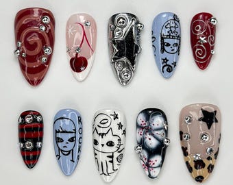 Malowane ręcznie, kreskówkowe paznokcie | Odważny styl grunge Y2K | JC977HC