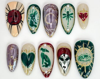 Mystic Gothic Press On Nails | Ręcznie robione paznokcie inspirowane Tarotem | Ręcznie robione paznokcie z niebiańskimi wzorami | Unikalne mistyczne paznokcie|JB560HC