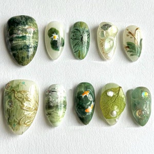 Elegant 3D Nature Press On Nails | Nature-Inspired Green Nails with Realistic Koi and Leaf Designs | Real Leaf Accents | JB575H