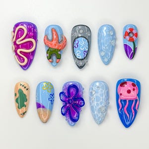 Undersea Cartoon Press On Nails | 3D Jellyfish & Starfish Nail Set | Ocean Friends Blue Nails | Handmade Aquatic Press Ons | JC978HC