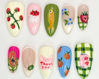 Fruit Garden Custom Press On Nails | Hand-Painted Watermelon, Strawberry & Citrus Nail Art | Vegan-Friendly Nail Designs | JB525HC