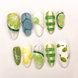 Hand-Painted Citrus and Plaid Press On Nails | Green and White Lemon Lime Nail Design | 10 Piece Press-On Nails | JB302SC