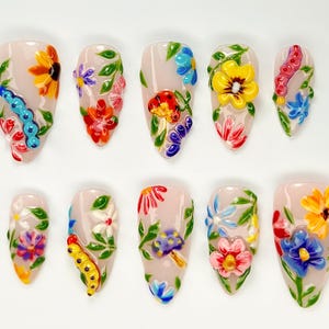 Colorful Flower Press-On Nails | Spring Flower Press Ons | 3D Flowers Fake Nails| Perfect for Special Occasions | Summer Collection |JB759YC