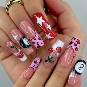 Retro Cherry Leopard Press On Nails | 8 Ball & Red Star Nail Art | Pink Leopard Print Nails | Handmade Pop Art Nail Set | JB115EC